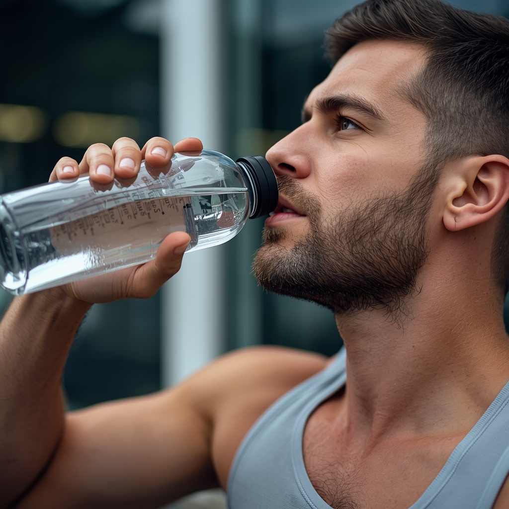 Close up of a man drinking water from a fitness bottle outside gym